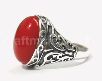 Red Carnelian Sterling Silver Men's Ring, Vintage Signet Ring