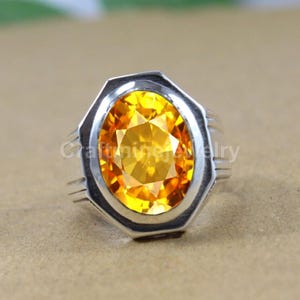 Lab Grown Citrine Ring, Solid 925 Sterling Silver Ring, Statement Gift Ring, AA Yellow Citrine Cut Ring, Signet Men&#39;s Ring, Christmas Gift,