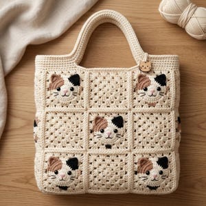 May include: A cream-colored crochet tote bag constructed from square panels. The design features alternating solid textured squares and squares with embroidered calico cat faces. A small wooden cat-shaped charm hangs from the top handle.