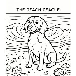May include: A black and white coloring page illustration featuring a beagle sitting on a sandy beach with seashells scattered around. In the background, a large ocean wave is depicted. The text THE BEACH BEAGLE is printed at the top.