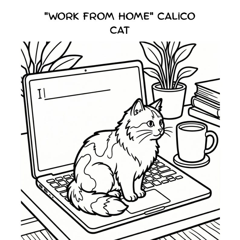 May include: A black and white line art coloring page featuring a calico cat sitting on a laptop keyboard. The screen displays the text I and a cursor. Nearby are a potted plant, a coffee mug on a coaster, and a stack of books on a desk.