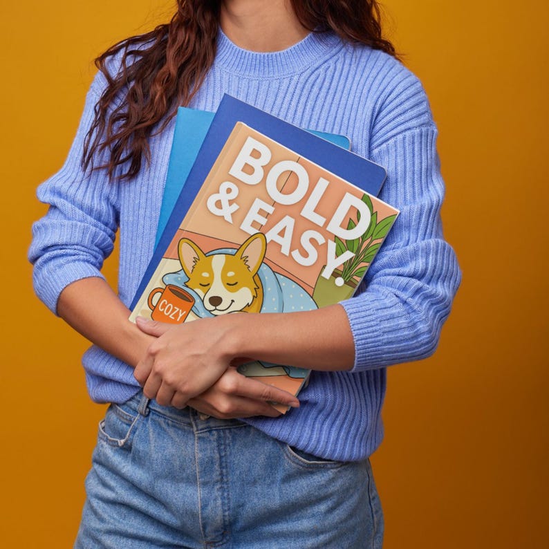 May include: A light blue ribbed knit sweater and blue jeans. The sweater is worn over a coloring book titled BOLD & EASY, which features an illustration of a corgi dog resting under a blanket next to a mug labeled COZY and a green houseplant.
