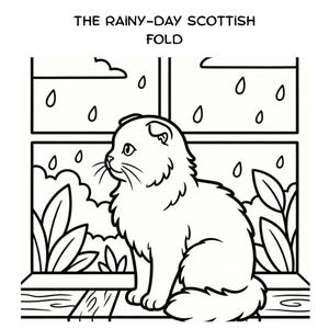 May include: A black and white coloring page featuring a Scottish Fold cat sitting on a windowsill. The text THE RAINY-DAY SCOTTISH FOLD is printed at the top. Outside the window, raindrops fall against a backdrop of clouds and foliage.
