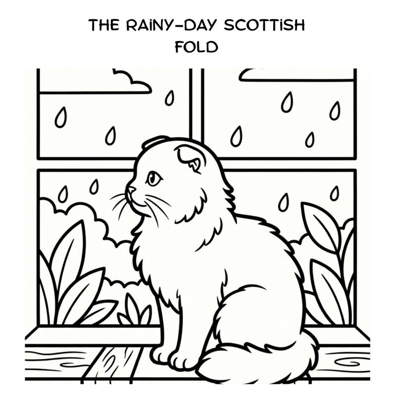 May include: A black and white coloring page featuring a Scottish Fold cat sitting on a windowsill. The text THE RAINY-DAY SCOTTISH FOLD is printed at the top. Outside the window, raindrops fall against a backdrop of clouds and foliage.