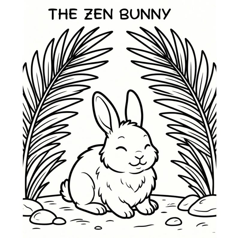 May include: A black and white coloring page featuring a rabbit sitting between two large palm leaves. The text THE ZEN BUNNY is printed at the top. The rabbit has closed eyes and a small smile. There are small rocks scattered on the ground.