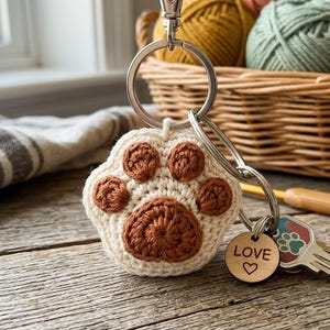 Pode incluir: Um porta-chaves de croché com o formato de uma pata de cor creme com almofadas castanhas. Preso ao anel de metal prateado encontra-se um pendente de madeira redondo gravado com a palavra LOVE e um símbolo de coração, além de uma chave de metal.