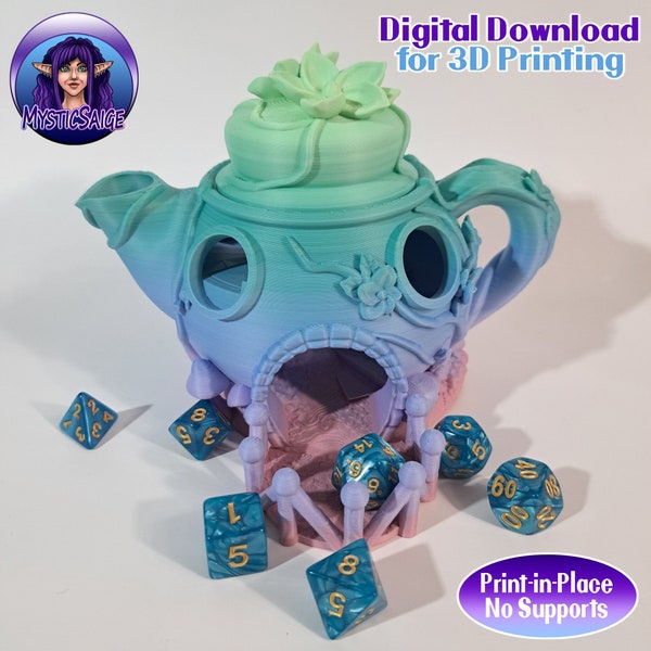 Fairy Teapot 3D Model, STL file for 3d Printing, Dice Tower, Container, Storage Box, Terrarium,  no supports, print-in-place