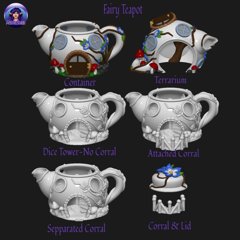 May include: A white ceramic teapot shaped like a fairy house with a removable lid and a separate fence-like corral. The teapot has a brown door, blue windows, and mushroom details. The corral is made of white ceramic and has a fence design. The teapot is labeled "Fairy Teapot", "Container", "Dice Tower-No Corral", "Sepparated Corral", "Terrarium", "Attached Corral", and "Corral & Lid".