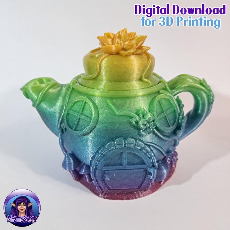 May include: A rainbow-colored teapot with a flower on top and a small door on the bottom. The teapot is decorated with vines and windows. Digital Download for 3D Printing.