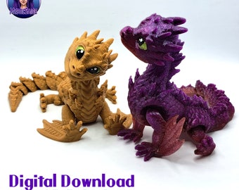 May include: Two 3D printed dragon figurines, one is a light brown color and the other is a purple color.  The dragons are facing each other and have a playful expression.  The text "Digital Download for 3D Printing" is at the bottom of the image.