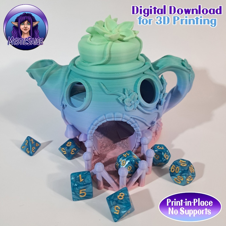May include: A teal and purple teapot with a green succulent on top, designed for 3D printing. The teapot has a small opening on the side and a larger opening on the front. The text "Digital Download for 3D Printing" is at the top of the image. The text "Print-in-Place No Supports" is at the bottom of the image.