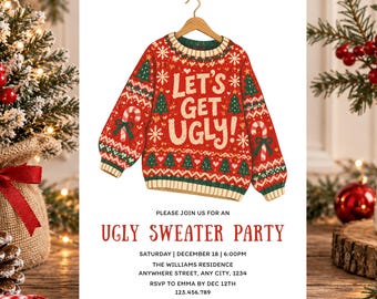 Ugly Sweater Christmas Party Invitation, Ugly Sweater Party Invite, Eat Drink and Be Ugly, Funny Christmas Party Invite
