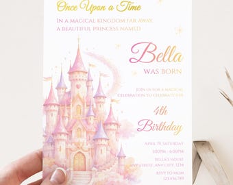 Pink Watercolor Princess Castle Birthday Invitation, Fairy Tale Party (Digital Download)