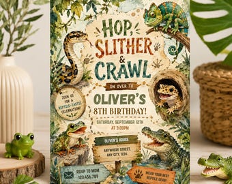 Reptile Birthday Invitation, Snakes Lizards and Turtles Party Invite, Editable Animal Theme Printable Template