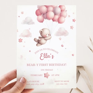 Editable Beary First Birthday Invitation Template, 1st Birthday Party Invite, Pink Teddy Bear Girl Birthday, Digital Printable Invitation