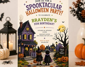 Halloween Birthday Party Invitation, Editable Spooky Ghost Pumpkin Party Invite, Trick or Treat Printable Template