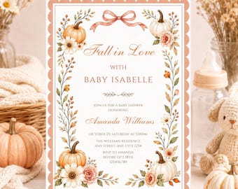 Fall Baby Shower Invitation, Fall in Love Autumn Baby Invite, Editable Rustic Boho Pumpkin Printable Template