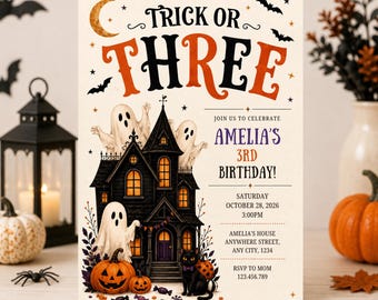 Halloween Birthday Invitation, Trick or Three Party Invite, Editable 3rd Birthday Printable Template