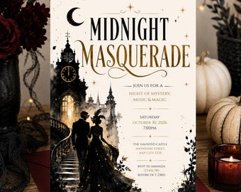 Halloween Masquerade Party Invitation, Masquerade Ball Invite, Editable Gothic Elegant Halloween Party Printable Template