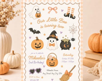 Halloween Birthday Invitation, Our Little Boo is Turning Two Party Invite, Editable Whimsical Ghost Printable Template