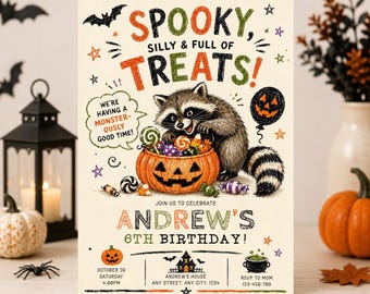 Halloween Birthday Invitation, Cute Spooky Raccoon Party Invite, October Birthday Printable Template