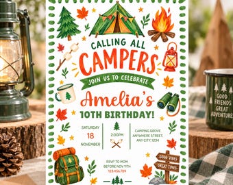 Camping Theme Birthday Invitation, Happy Camper Party Invite, Editable Campfire Outdoor Adventure Printable Template