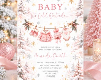 Winter Baby Shower Invitation, Baby It’s Cold Outside, Pink Snowflake Invite, Editable Baby Girl Shower Template