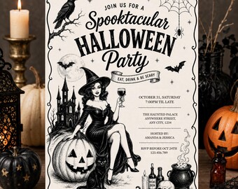Halloween Party Invitation, Vintage Hand Drawn Party Invite, Editable Retro Halloween Printable Template