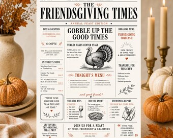 Thanksgiving Dinner Invitation, Newspaper Style Party Invite, Editable Fall Dinner Template, Friendsgiving Invite