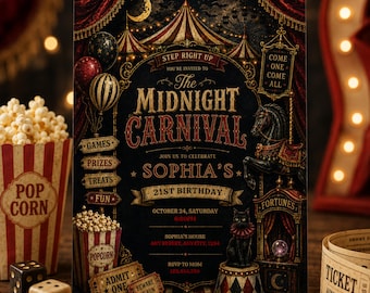 Halloween Birthday Invitation, Midnight Carnival Spooky Circus Party Invite, Editable Haunted Carnival Printable Template