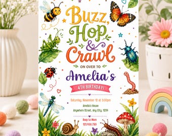 Bug Birthday Invitation, Insect Theme Party Invite, Editable Butterfly Ladybug Bee Printable Template