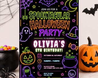 Halloween Birthday Invitation, Neon Glow in the Dark Spooky Party Invite, Editable Ghost Pumpkin Printable Template