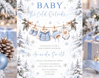 Winter Baby Shower Invitation, Baby It’s Cold Outside, Little Snowflake Invite, Editable Baby Boy Shower Template