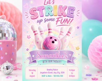 Bowling Birthday Invitation, Bowling Alley Party Invite, Editable Indoor Sports Theme Printable Template
