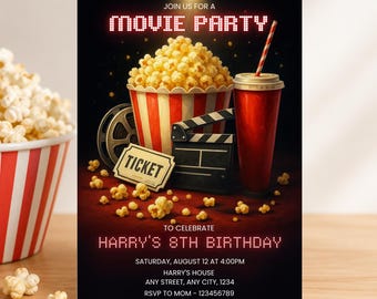 May include: Movie-themed birthday party invitation. The design features popcorn, a drink, and a film reel. The invitation text includes "MOVIE PARTY" and "HARRY'S 8TH BIRTHDAY", along with the date, time, and address.