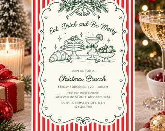 Invitation pour un brunch de Noël, Invitation pour une fête de brunch des fêtes, Invitation pour un petit-déjeuner de Noël, Modèle de fête de Noël modifiable