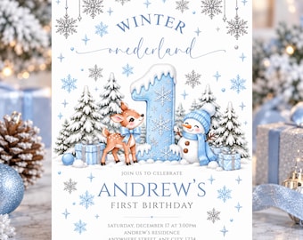Winter Onederland Birthday Invitation, Winter Theme Party Invite, December Birthday Template, Little Snowflake