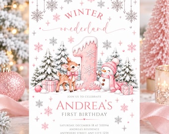 Winter Onederland 1st Birthday Invitation, Snowflake Theme Party Invite, Editable Rustic Winter Woodland Birthday Template