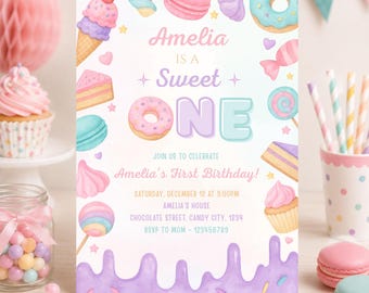 May include: A pastel-colored invitation for a first birthday party. The invitation features the text "Amelia is a Sweet One" with illustrations of sweets like donuts, ice cream, and lollipops. The invitation also includes party details.