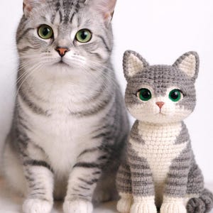 Op de afbeelding: Een grijze tabby kat zit naast een gehaakte kat. De echte kat heeft groene ogen en een grijs en wit gestreepte vacht. De gehaakte kat is grijs en wit met groene ogen en is een handgemaakt item.