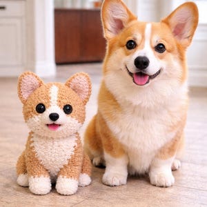 Op de afbeelding: Een echte Corgi-hond zit naast een gehaakte Corgi-hond. De echte hond heeft een witte en oranje vacht, met een vrolijke uitdrukking. De gehaakte hond is bruin, wit en beige, met een lachend gezicht.