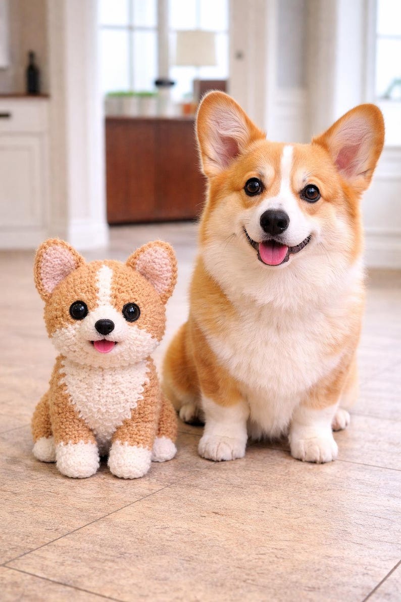 Op de afbeelding: Een echte Corgi-hond zit naast een gehaakte Corgi-hond. De echte hond heeft een witte en oranje vacht, met een vrolijke uitdrukking. De gehaakte hond is bruin, wit en beige, met een lachend gezicht.