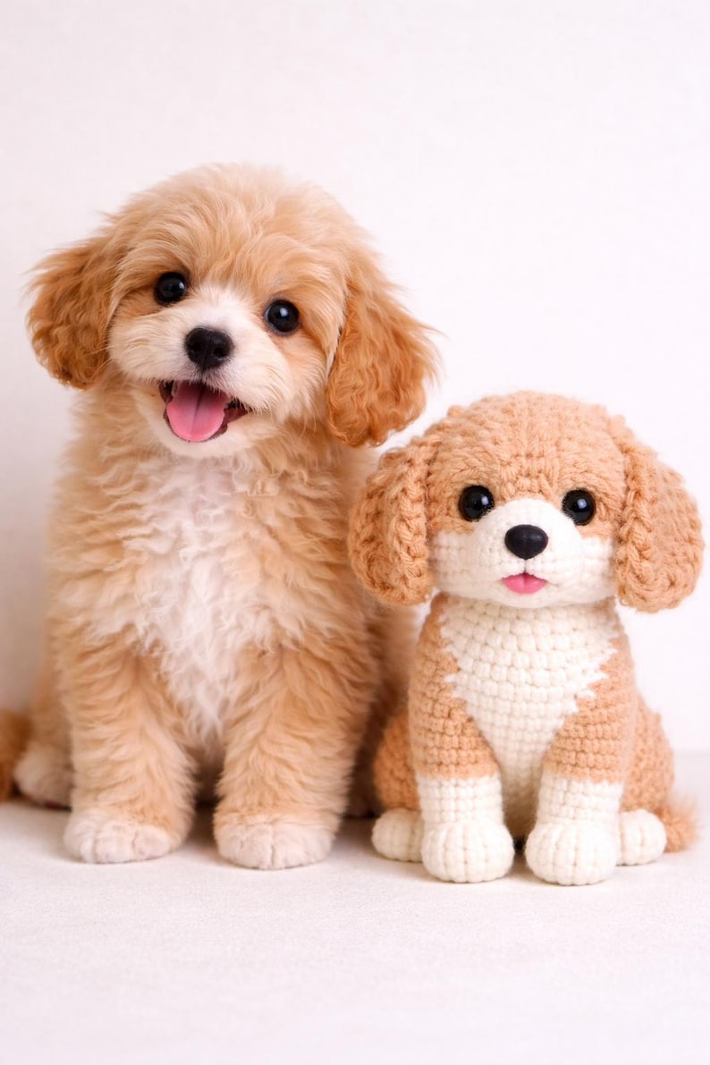Op de afbeelding: Een echte puppy en een gehaakte hond zitten naast elkaar. De puppy heeft lichtbruine vacht, zwarte ogen en een roze tong. De gehaakte hond is bruin en wit met zwarte ogen en een roze tong.