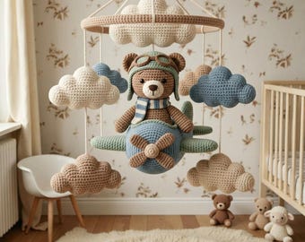 Aangepaste gehaakte beer vliegtuig mobiel handgemaakt kinderkamer wieg hangend babyshower decor