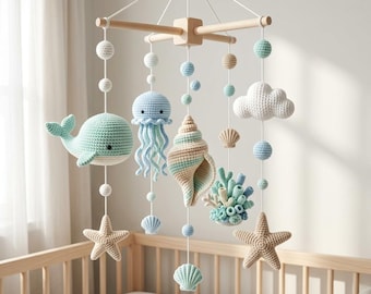 Custom Crochet Nursery Mobile Handmade Ocean Baby Decor Sea Animal Gift