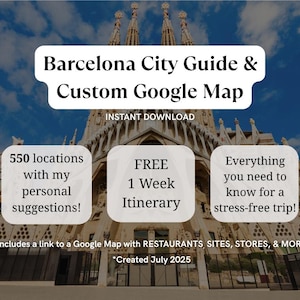 Op de afbeelding: Digitale Barcelona City Guide & Custom Google Map met 550 locaties, een gratis reisplan van 1 week en tips voor een stressvrije reis. Direct downloaden.