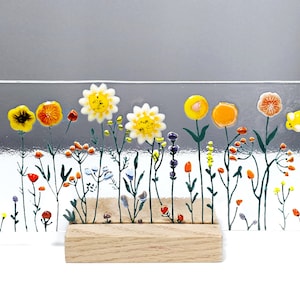 Summer Flower Garden Suncatcher, Wood Stand, Fused Glass, Handmade Unique, Gift for Mom, Contemporary Flowers, Flower Lover Gift