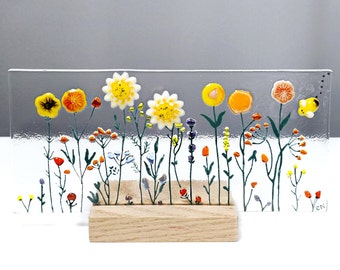 Summer Flower Garden Suncatcher, Wood Stand, Fused Glass, Handmade Unique, Gift for Mom, Contemporary Flowers, Flower Lover Gift