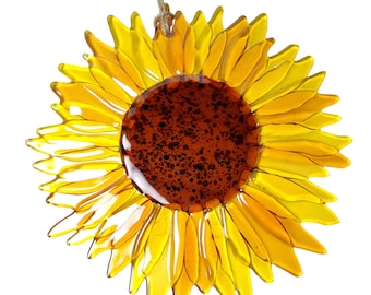 X-Large Glass Sunflower, Yellow, Ambers,  3-colors, Fused Glass, Garden Window Suncatcher, Sunshine Flower, Farm House, Glass Art, Signature
