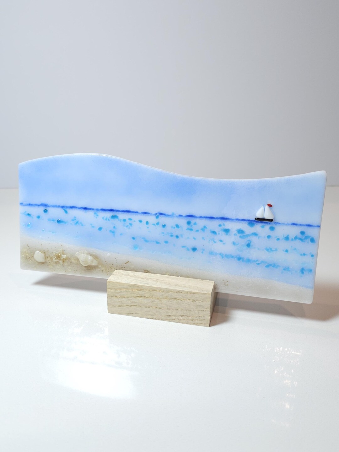 Sailboat Ocean Glass Panel | Coastal Beach Decor | Fused Glass Wave Art ...